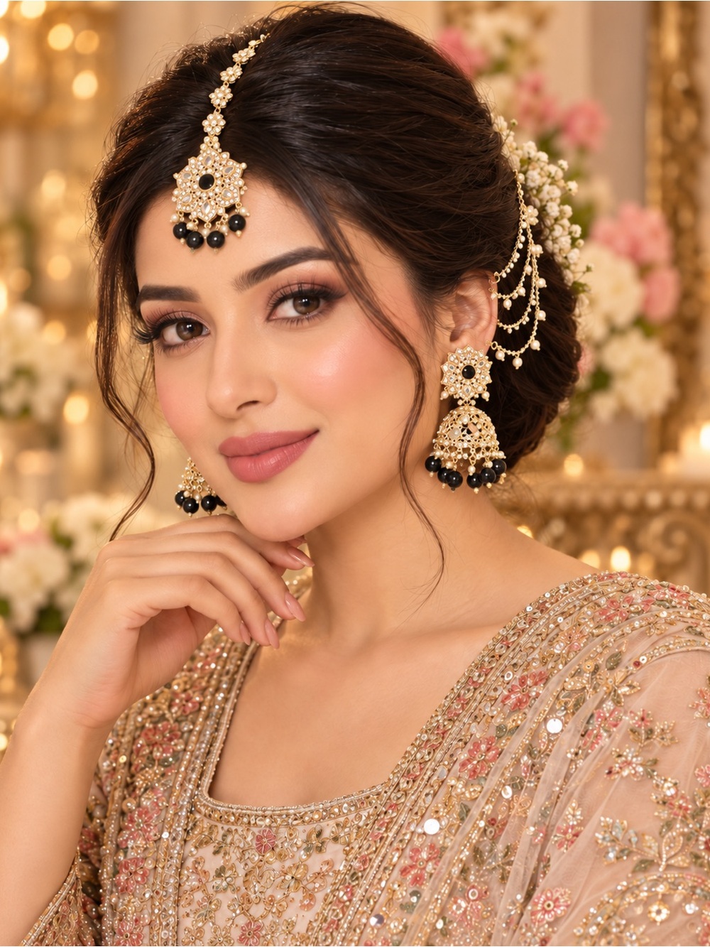 Gold and Black Bridal Jhumka Earrings with Maang Tikka